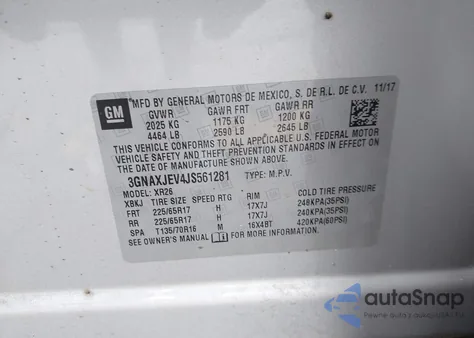 2018 Chevrolet Equinox Lt из США, поврежденный, VIN 3GNAXJEV4JS561281